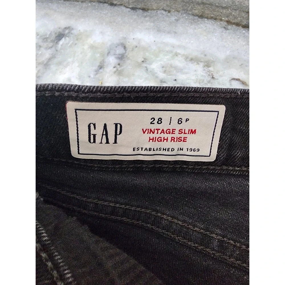 Gap Vintage Slim High Rise Jeans 28 6P Faded Black Raw Hem Distressed